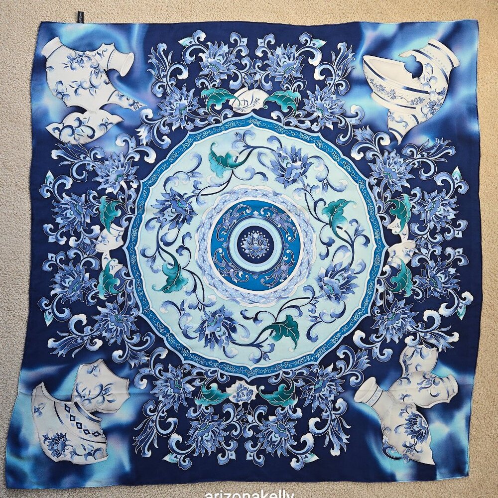 Large Silk Scarf Hand-Rolled Hems Blue - Picture 1 of 12